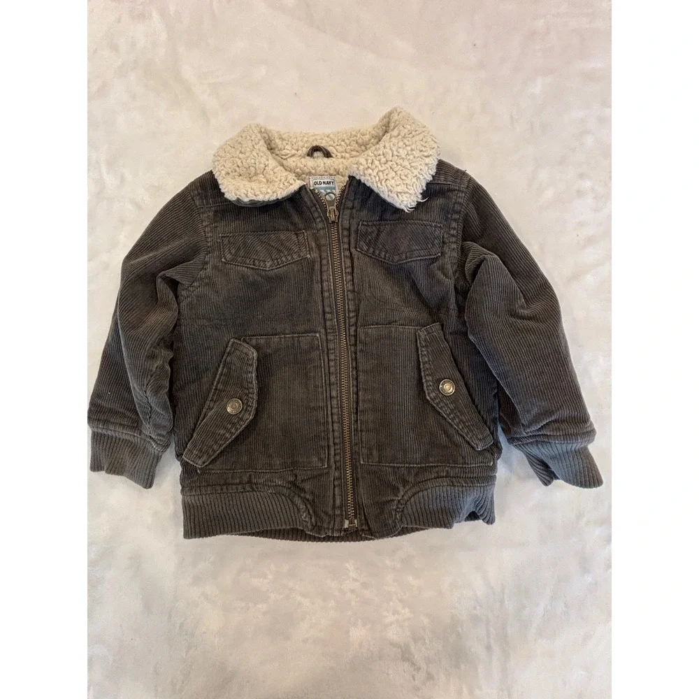 Old Navy Toddler Boys Gray Corduroy Sherpa Lined Jacket 2T Full Zip Outerwear